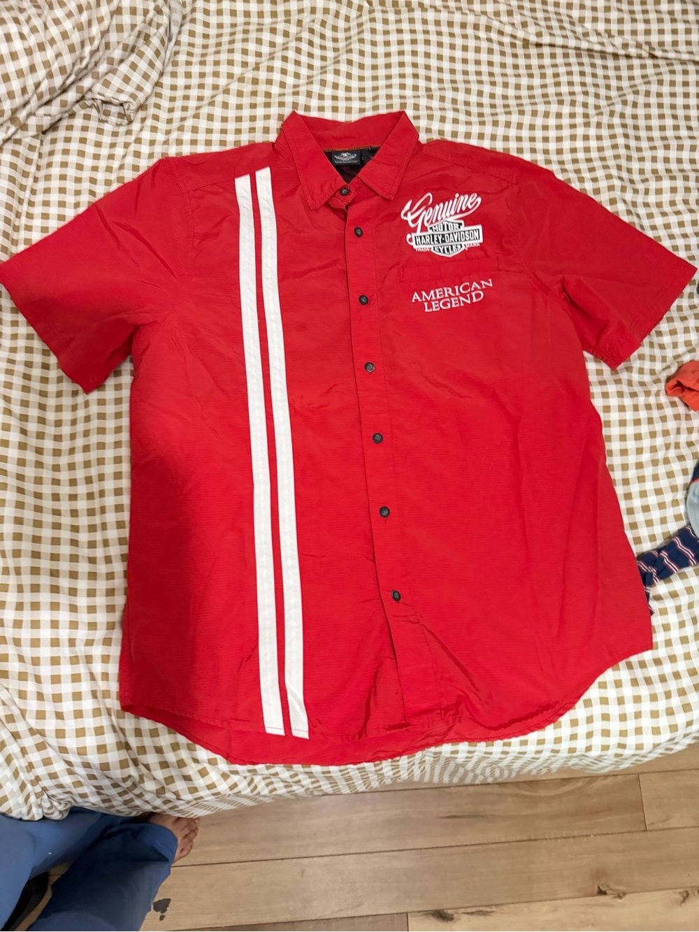 Harley-Davidson Red Short Sleeve Button-Down with White Racing Stripes